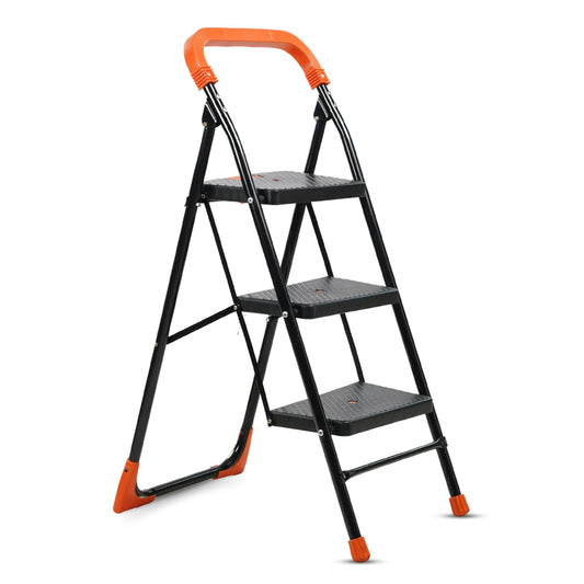 CIPLAPLAST Heavy Duty Folding Ladder with Wide Steps | Lifestyle 3 Steps Foldable Ladder | Slip-Resistant | High Strength Long Durable Ladder for Home, Kitchen | (Black & Orange)