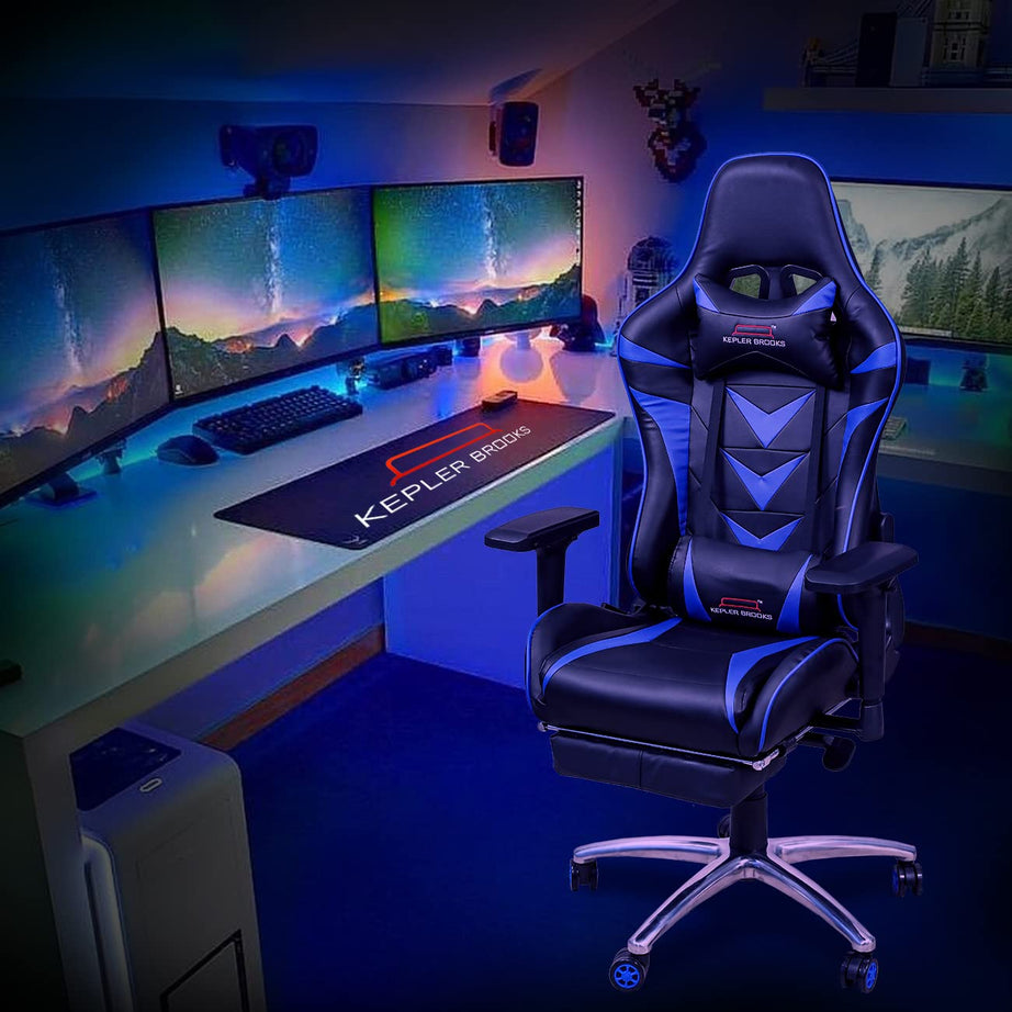 Kepler Brooks Gaming Chair | 3 Years Warranty | Ergonomic Chair, High Back Chair, with Lumbar Support Pillow, Gamer Chair, 4D Adjustable Armrests, Gaming Chair with Foot Rest -Ninja- Blue & Black