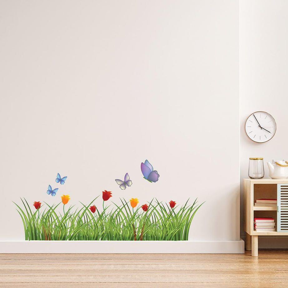 CVANU Grass & Beautiful Butterfly Self-Adhesive Vinyl Wall Sticker for Wall Decoration (16inX40in)_S257