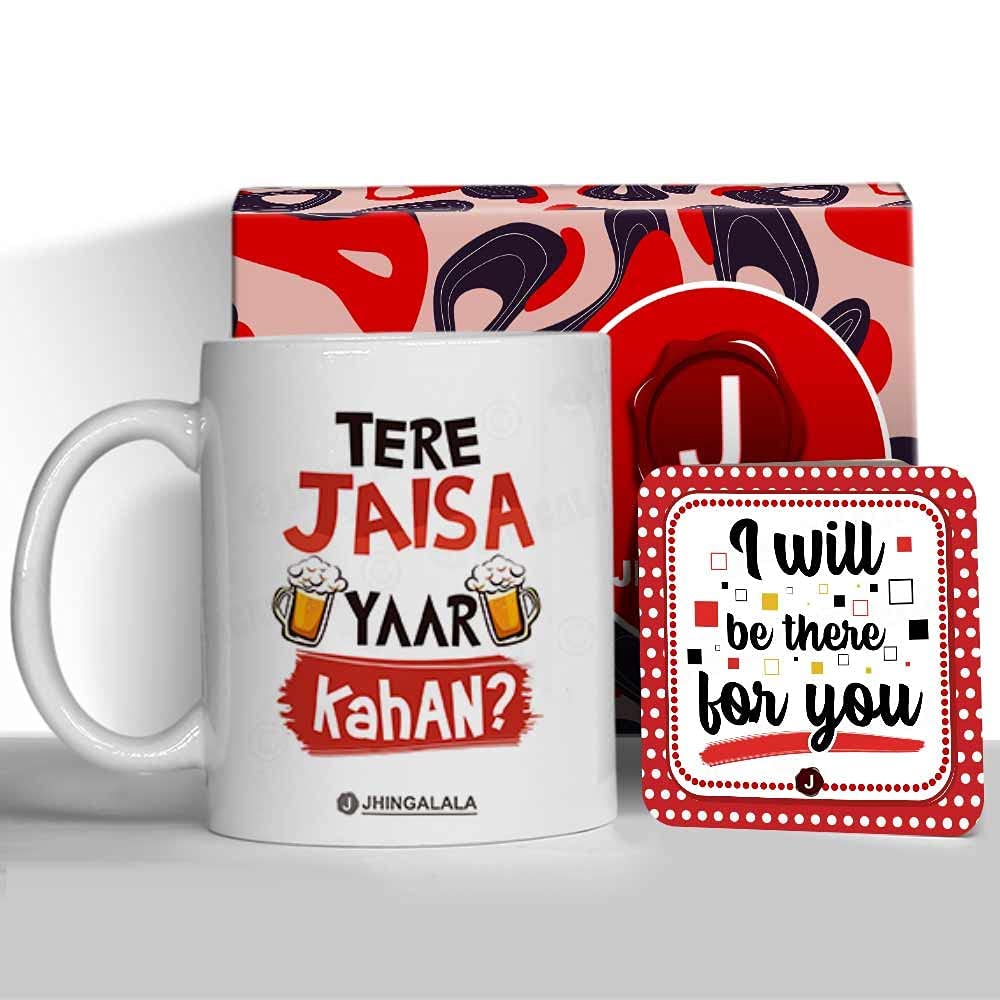 Jhingalala Gift for Friends | Tere Jaisa Yaar Kahan Printed Ceramic Coffee Mug 325ml with Greeting Card | Gift for Friends, Best Friend on Birthday, Friendship Day