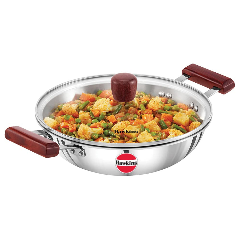 Hawkins 2.5 Litre Deep Fry Pan, Triply Stainless Steel Kadai with Glass Lid, Flat Bottom Induction Kadhai, Silver (SSD25G)