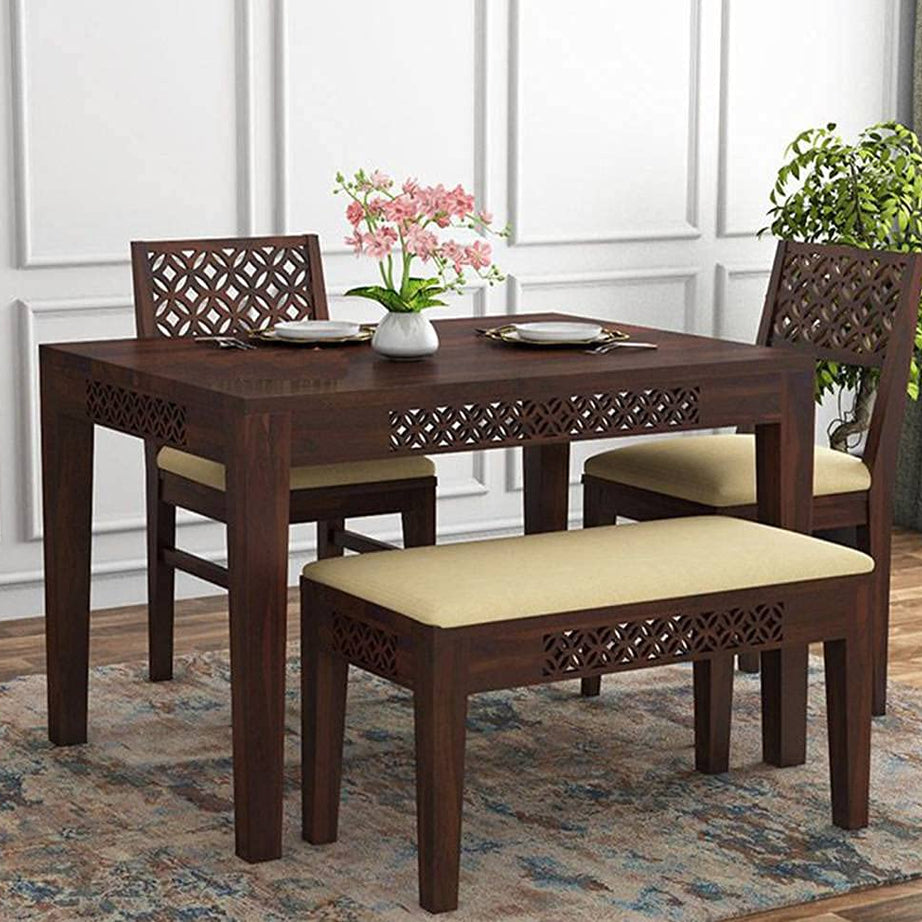 RosWoodZone Solid sheesham Wood 4 Seater Dining Room Set with 2 Chairs and 1 Bench (Finish-Walnut)