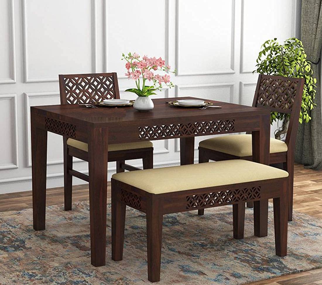 RosWoodZone Solid sheesham Wood 4 Seater Dining Room Set with 2 Chairs and 1 Bench (Finish-Walnut)