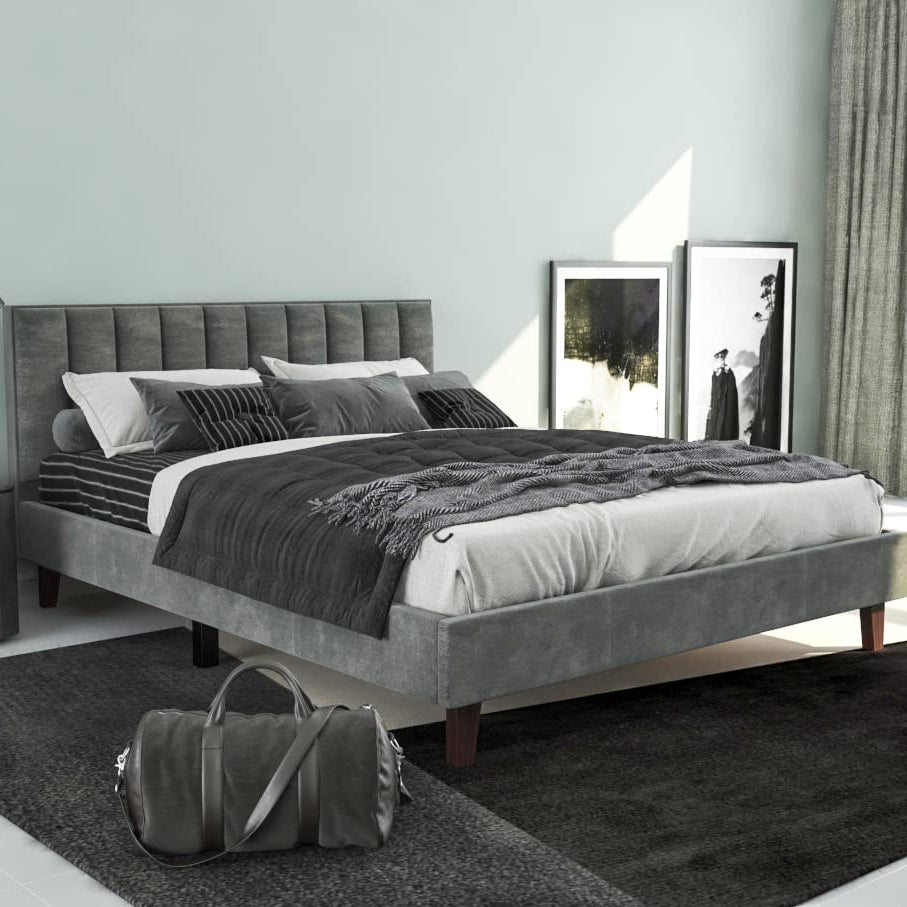 STRATA FURNITURE Sheesham Wood Queen Size Bed Cot Bed Furniture Upholstered Double Bed for Bedroom Living Room Home - Grey Finish