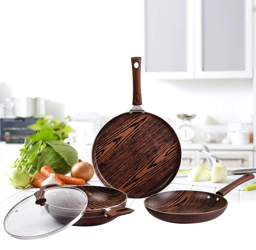 Cello Aluminium Induction Base Non-Stick Cookware Set, Brown, Woody