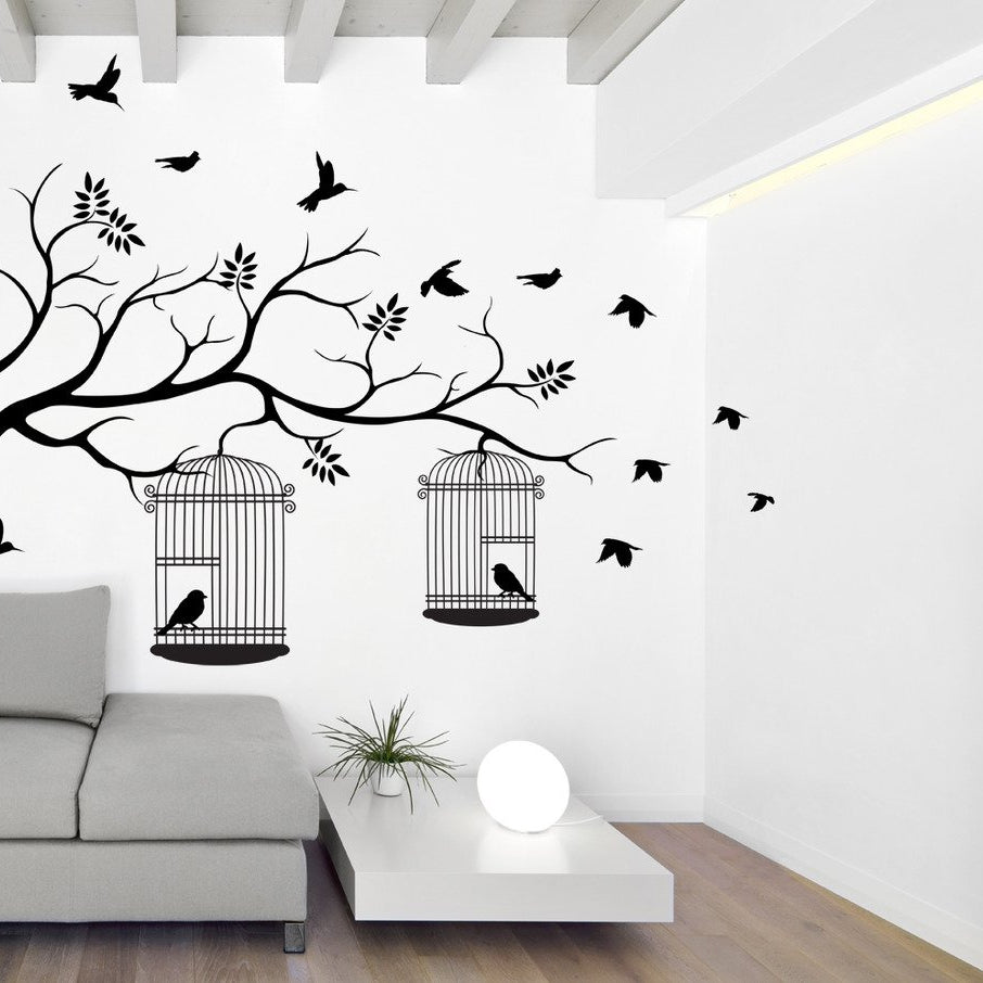 Wallstick ' Tree with Birds and Cages ' Wall Sticker (Vinyl, 115 cm x 155 cm, Black)