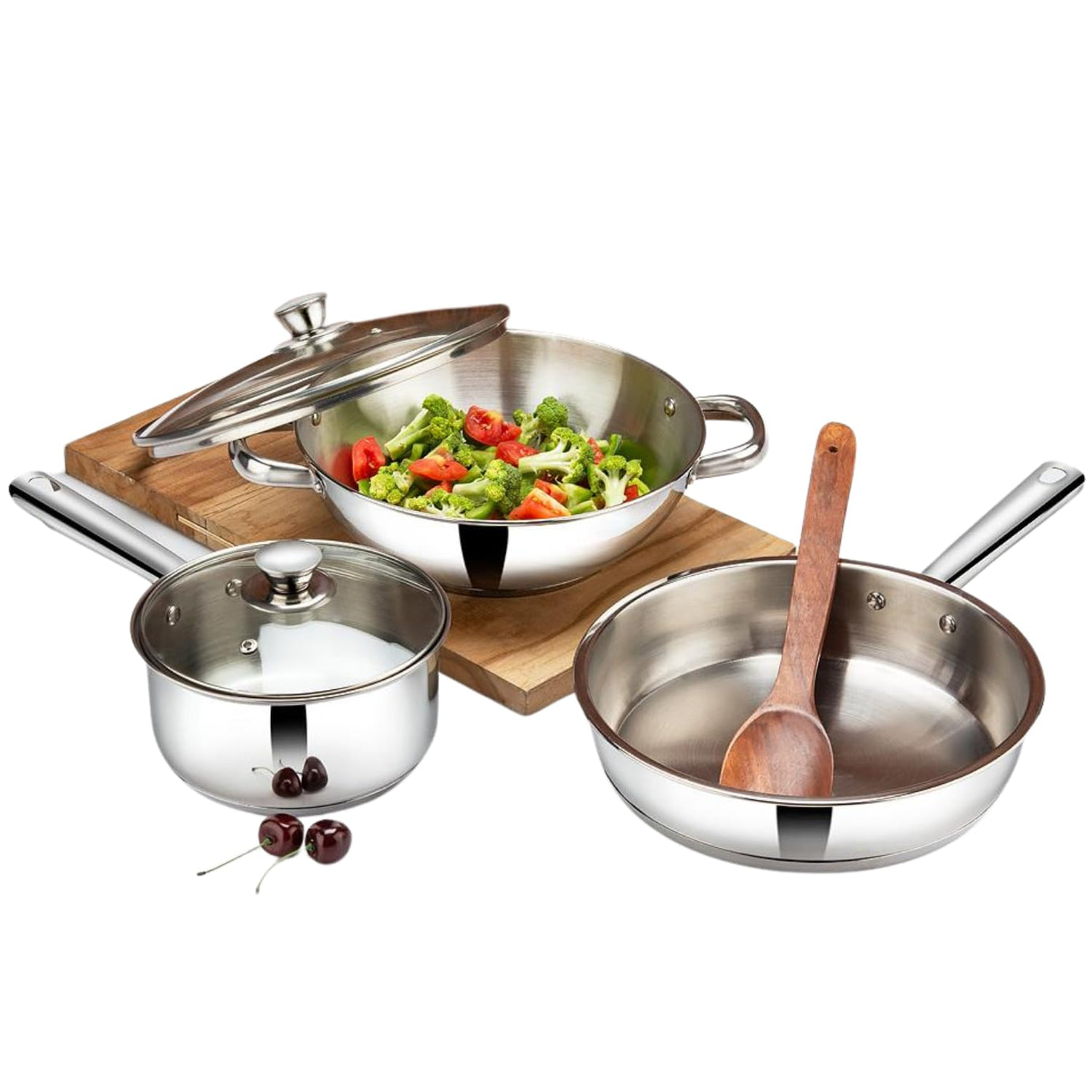 Vinod Modena Stainless Steel Cookware Set of 3 | 2.7 litre Kadhai and 1.5 litre Saucepan with Glass Lid, 24 cm Frypan | Mirror Finish | Induction Base | 2 Year Warranty