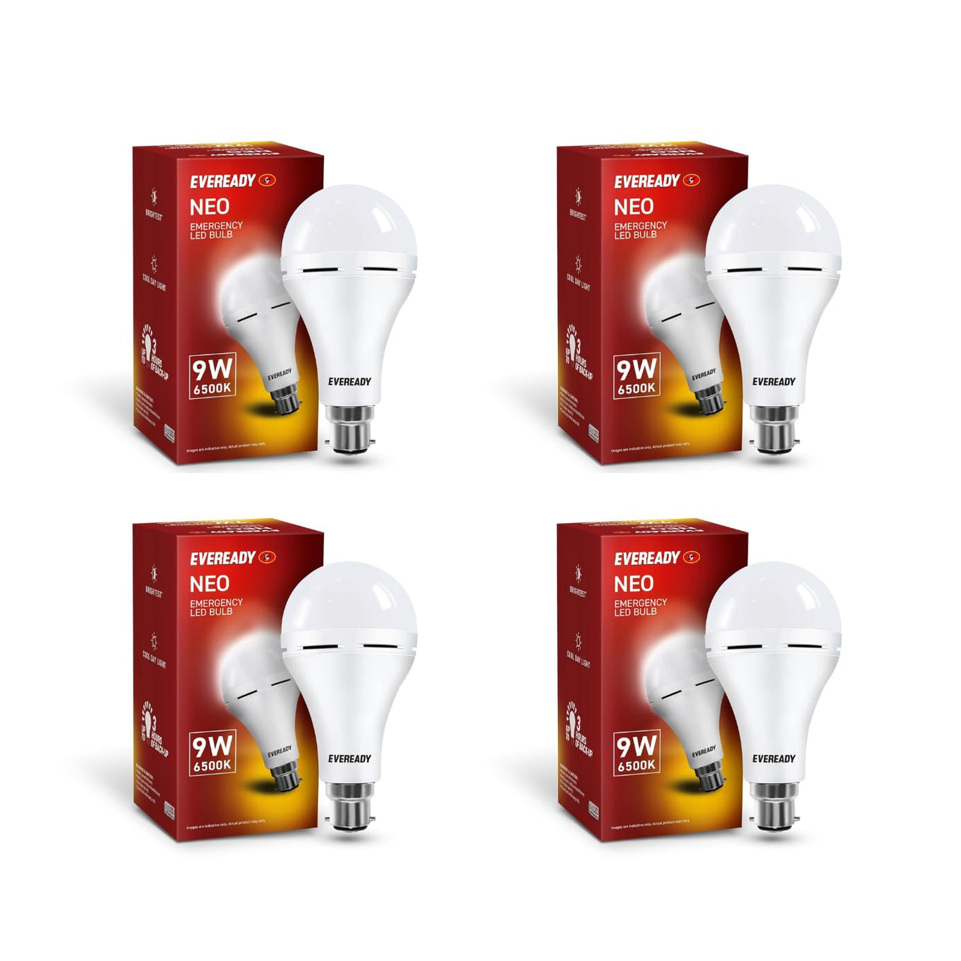 Eveready 9W B22D Emergency Inverter LED Bulb| Cool Day Light (6500K) | Pack of 4 | Energy Efficient| IBMS Technology | Up to 3 Hour Battery Backup | Li-on Battery Inside