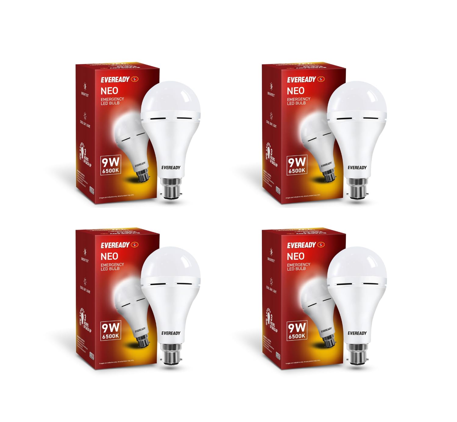 Eveready 9W B22D Emergency Inverter LED Bulb| Cool Day Light (6500K) | Pack of 4 | Energy Efficient| IBMS Technology | Up to 3 Hour Battery Backup | Li-on Battery Inside