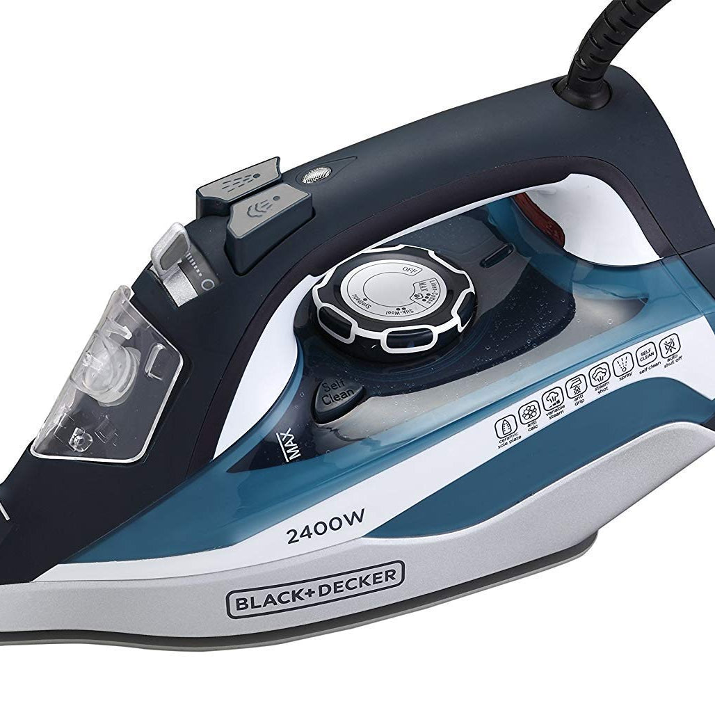 Black+Decker BXIR2401IN 2400-Watt 2Steam Iron Press with Auto Shut Off & Non-Stick Ceramic Sole Plate Coating | Anti-Drip Feature with 380 ml water tank | Steam Output of 35gm/min | 2 year warranty (Blue)