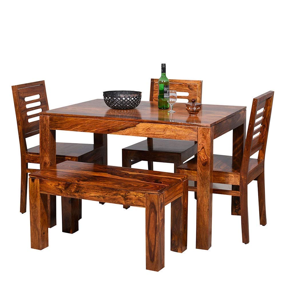 Ramdoot Furniture Wooden Dining Table 4 Seater | Dinning Table, 3 Chairs & 1 Bench, Solid Wood Sheesham, Honey Finish