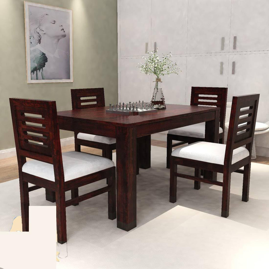 HANDWOOD FURNITURE Premium Sheesham Wood Dining Table(45x30) with 4 Chairs | 4 Seater Dining Set | Wooden Dining Table with Chair |Dining Room Furniture |Walnut Finish with Cream Cushions