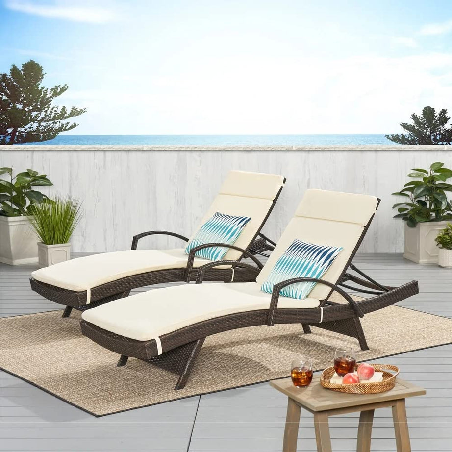 COSTWAY Premium Outdoor Rattan Lounge Chairs Set of 2 with Thick Cushions for Poolside, Balcony and Beach - Dark Brown Lounger with Cream Cushions.