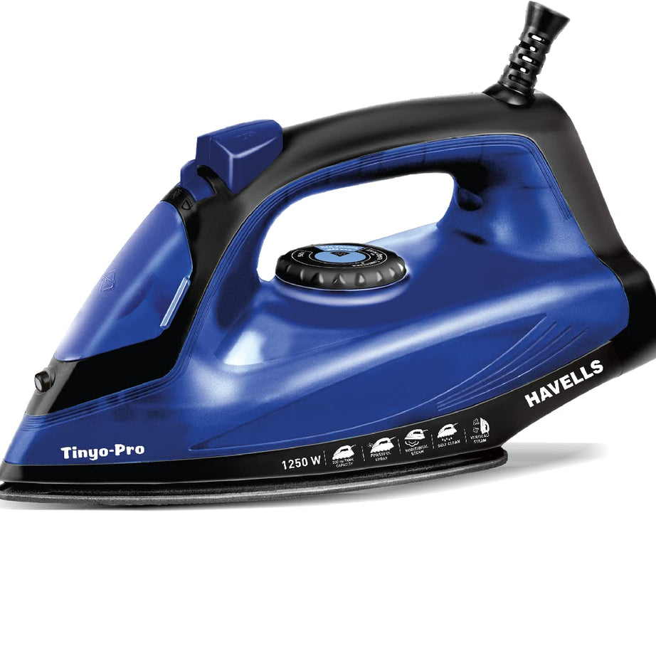 Havells Tinyo Pro 1250 Watt Steam Iron Press with Powerfull Steam Spray | Horizontal & Vertical Steaming Function | Self Clean | 2 Years Warranty (Blue)