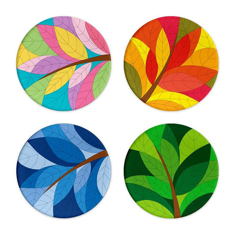 Brizberry® Brizcoast Premium Designer Round Vibrant Leaf Printed Beautiful Wooden Coasters Fit for Tea Cups, Coffee Mugs and Glasses (3.5X3.5 Inch) Design 5 (Set of 4)