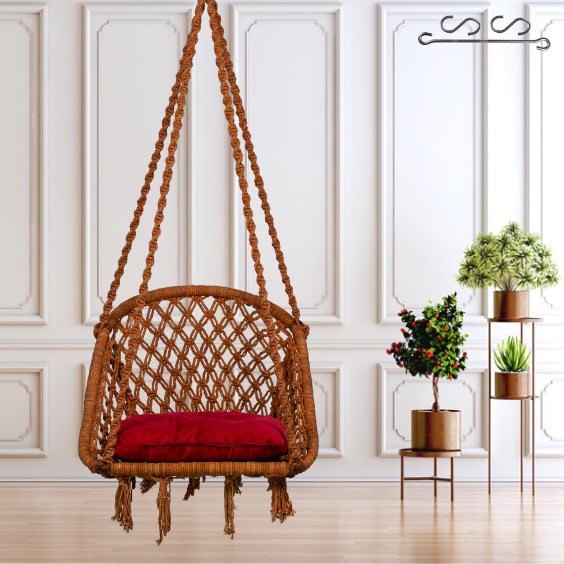 Patiofy Swing for Adults & Kids/Swing for Balcony/Swing Chair for Adults for Home/Cotton D Shape Wooden Swing/Jhula for Adults/Jhoola/Swing for Indoor/Includes Hanging Kit & Red Cushion (Brown)