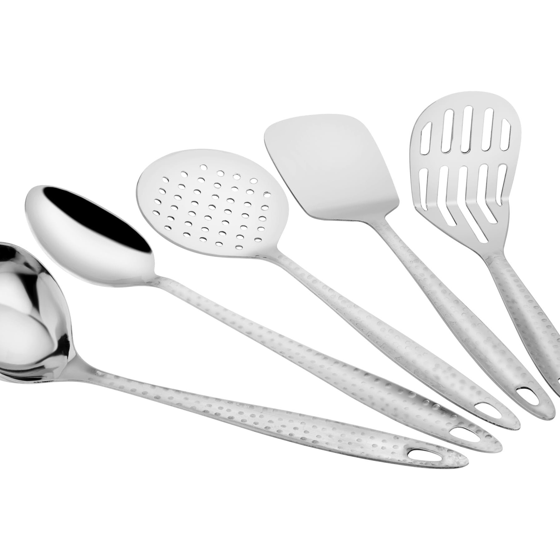 Parage 5 Pieces Stainless Steel Hammered Kitchen Tool Set for Cooking, Cooking Spoons Set, 13 inches, Silver (Contains: 1 Ladle, 1 Skimmer,1 Turner, 1 Spatula, 1 Potato Masher), Silver