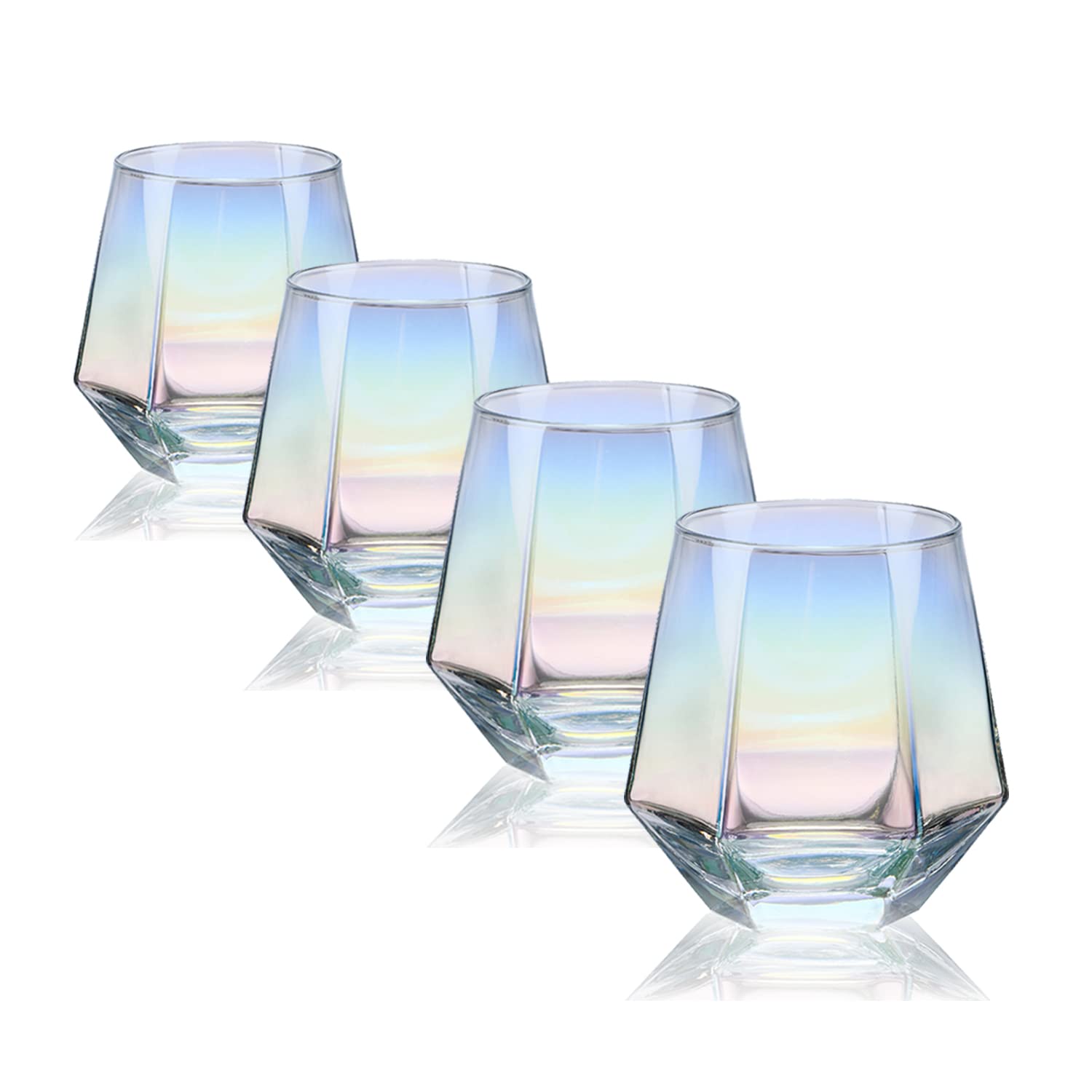 Diamond Stemless Wine Glass Set Of 4(14 Oz),Iridescent Glassware For Dishwasher Safe ,Modern Rainbow Cool Wine Glass CUKBLESS