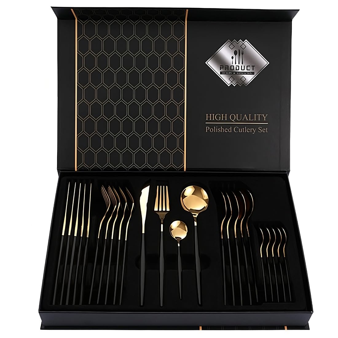 BonZeaL 24 Pieces Mirror Finish Stainless Steel Flatware Black Gold Cutlery Set for 6 Persons with Gifting Box