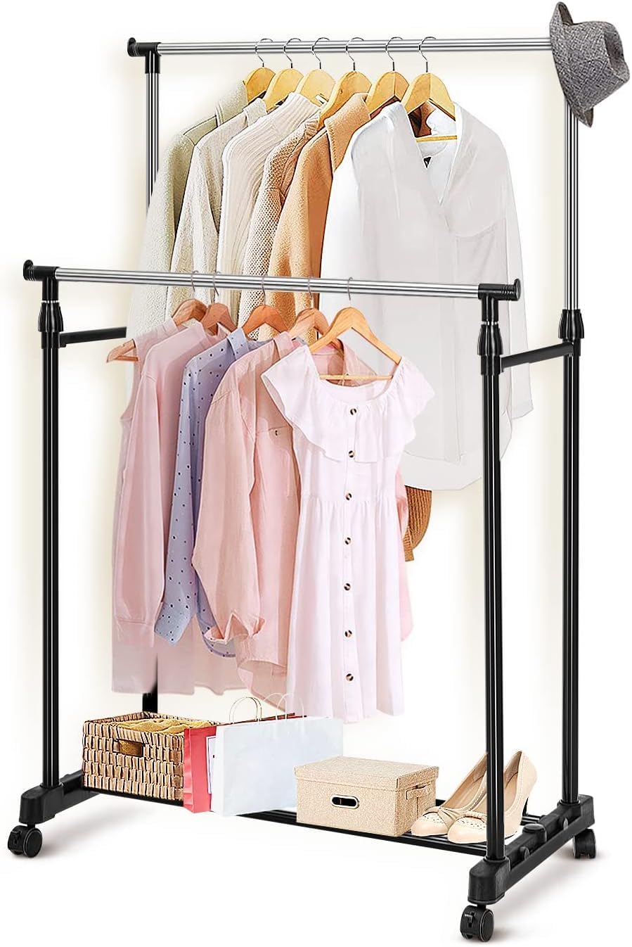 SHREE VALLV Double Pole Portable Clothing Hanging Garment Rack Laundry Drying Hanger with Wheels Telescopic Clothes Fordable Single Stand for Indoor Outdoor Drying Rack for Home Balcony Room