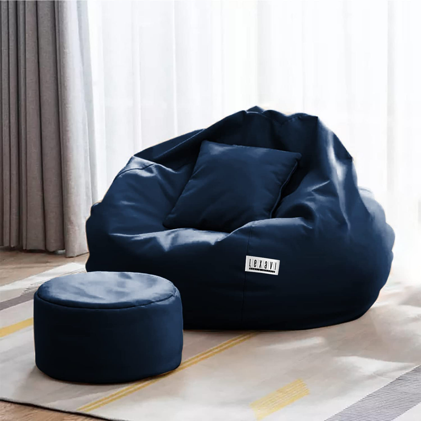 LEXAVI Brand - Bean Bag Cover with Footrest with Cushion Without Beans Fillers Only Cover (Faux Leather) - (XXXXL, Navy Blue)