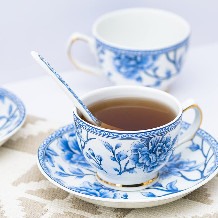 GOLDEN QUEEN'S Floral Cups, Saucer & Spoons Set for Coffee/Tea/Hot Drinks - Set of 6 Cups, 6 Saucers & 6 Spoons (Sky Blue)