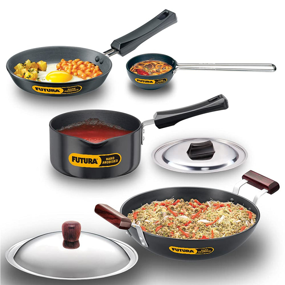 Hawkins Futura 4 Pieces Cookware Set 7 - Hard Anodised Tadka Pan, Frying Pan, Kadhai, Saucepan and Two Stainless Steel Lids, Black (ASET7)