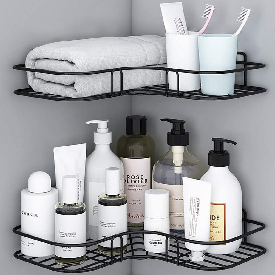 Plantex Self Adhesive Corner Shelf for Bathroom | Adhesive Shelf for Kitchen - with Magic Sticker | Bathroom Organizer Without Drill (GI Metal, Black) - Pack of 2