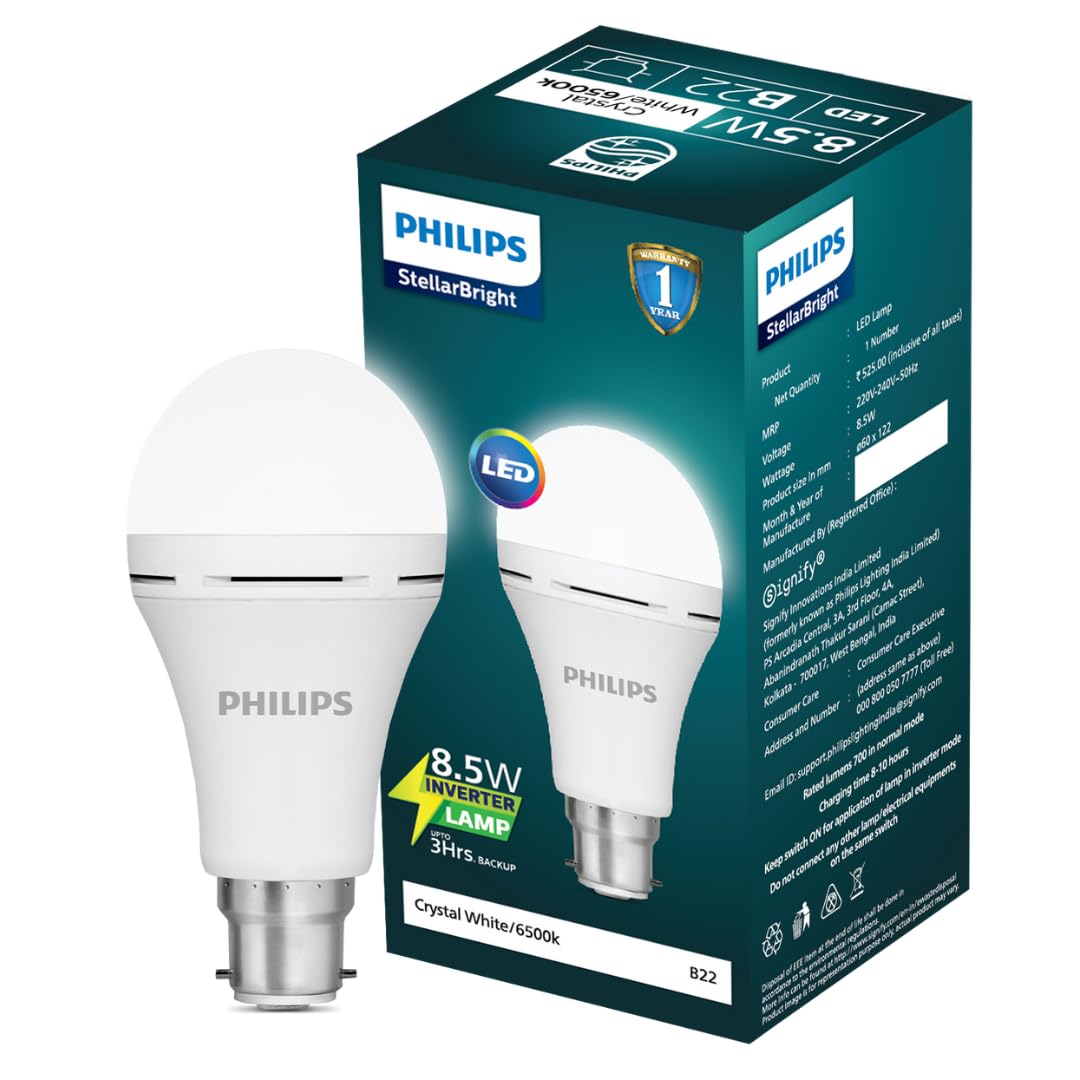 PHILIPS Stellar Bright Rechargeable Emergency Inverter LED Bulb, B22 8.5-Watt-Crystal White(Pack of 1)