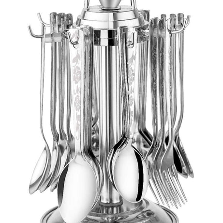 Deekam Stainless Steel Cutlery Set- Set of 24 (Contains: 6 Spoons, 6 Forks, 6 Tea Spoons, 6 Soup Spoons, 1 Revolving Stand), Silver