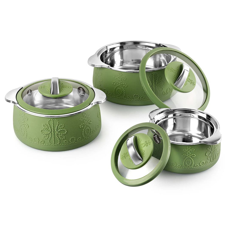 CELLO Royale Combo of 3 Casseroles with Insulated Stainless Steel and Glass Lid, (Capacity - 600+1100+1600ml), Green