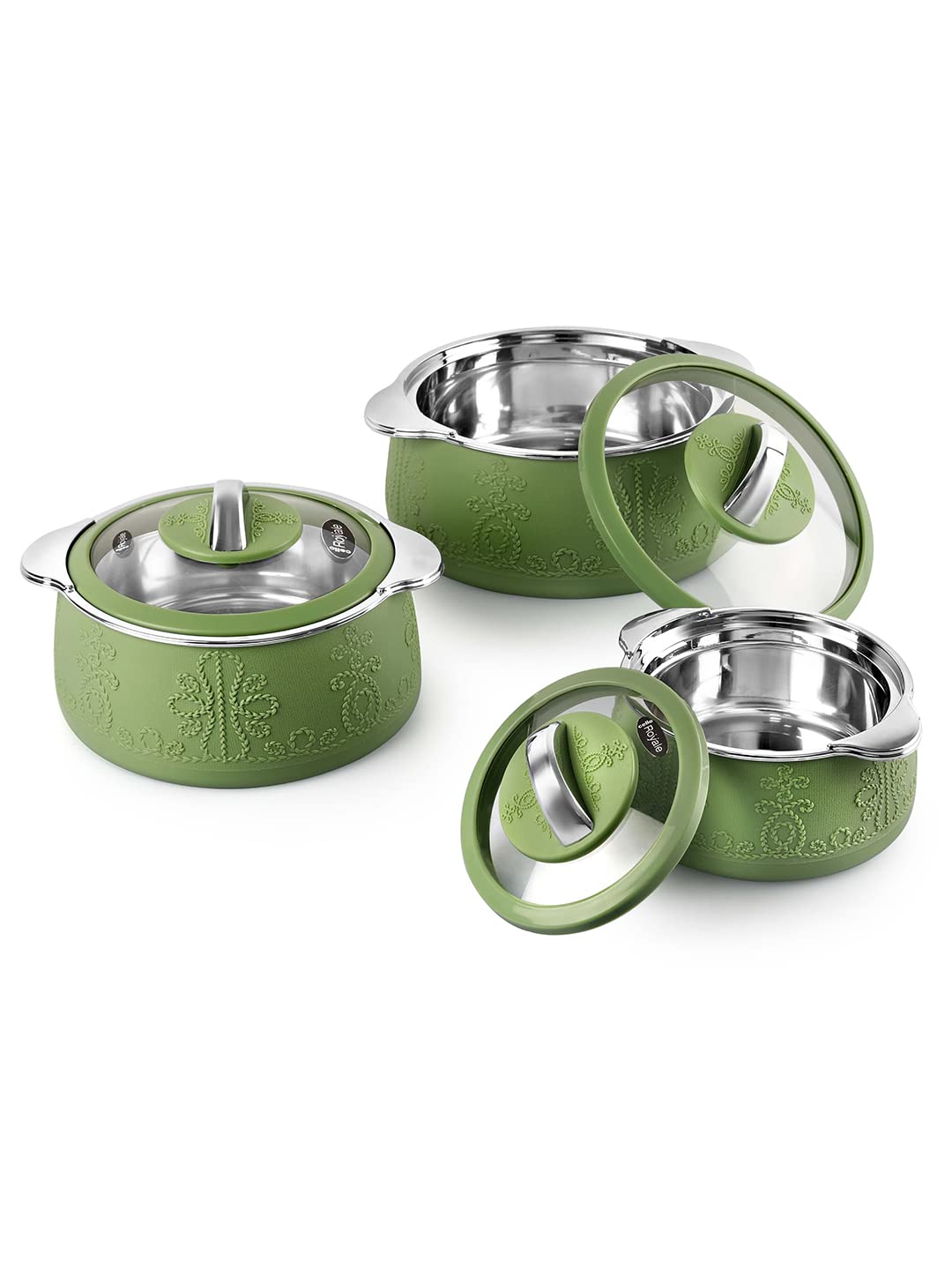 CELLO Royale Combo of 3 Casseroles with Insulated Stainless Steel and Glass Lid, (Capacity - 600+1100+1600ml), Green