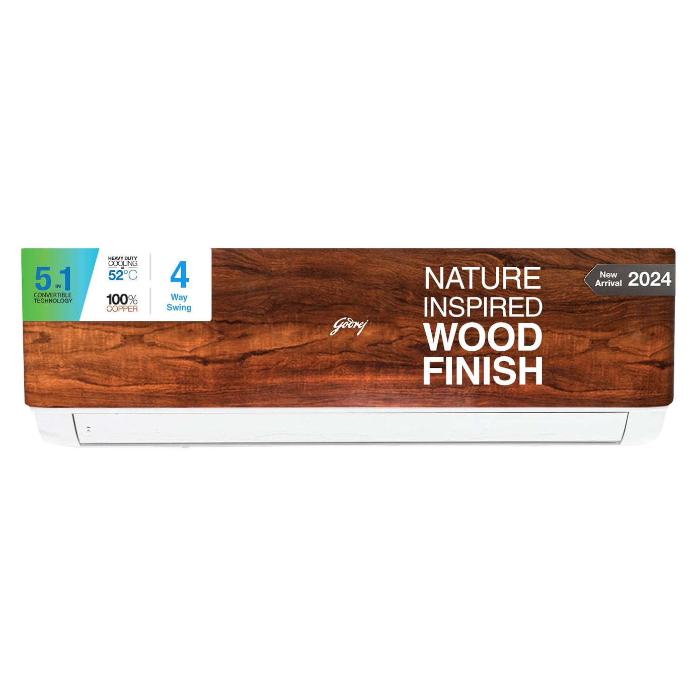 Godrej 1.5 Ton 3 Star, 5-In-1 Convertible Cooling, Wood Finish, Inverter Split AC (Copper, 4 Way Air Swing, 2024 Model, AC 1.5T SIC 18VTC3 WYB TK, Teak Wood)