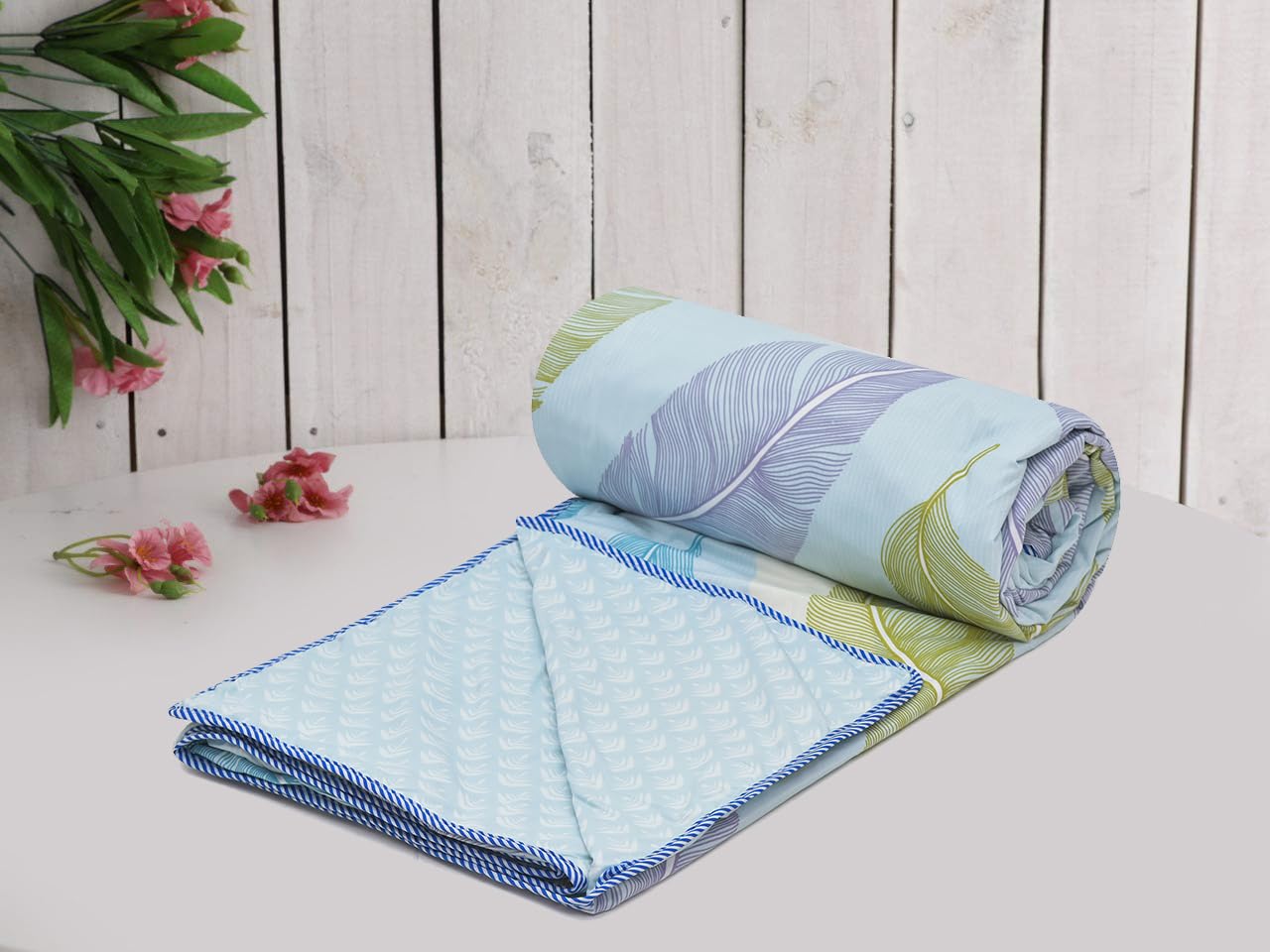 Amazon Brand – Umi Super Soft Brushed Microfiber Cotton 3 Layer Breathable Double Dohar Lightweight Summer Blanket Dohar 84X96(Inches) 213X243(CM) Flannel Dohar Throws for Bed (Blue leaf)