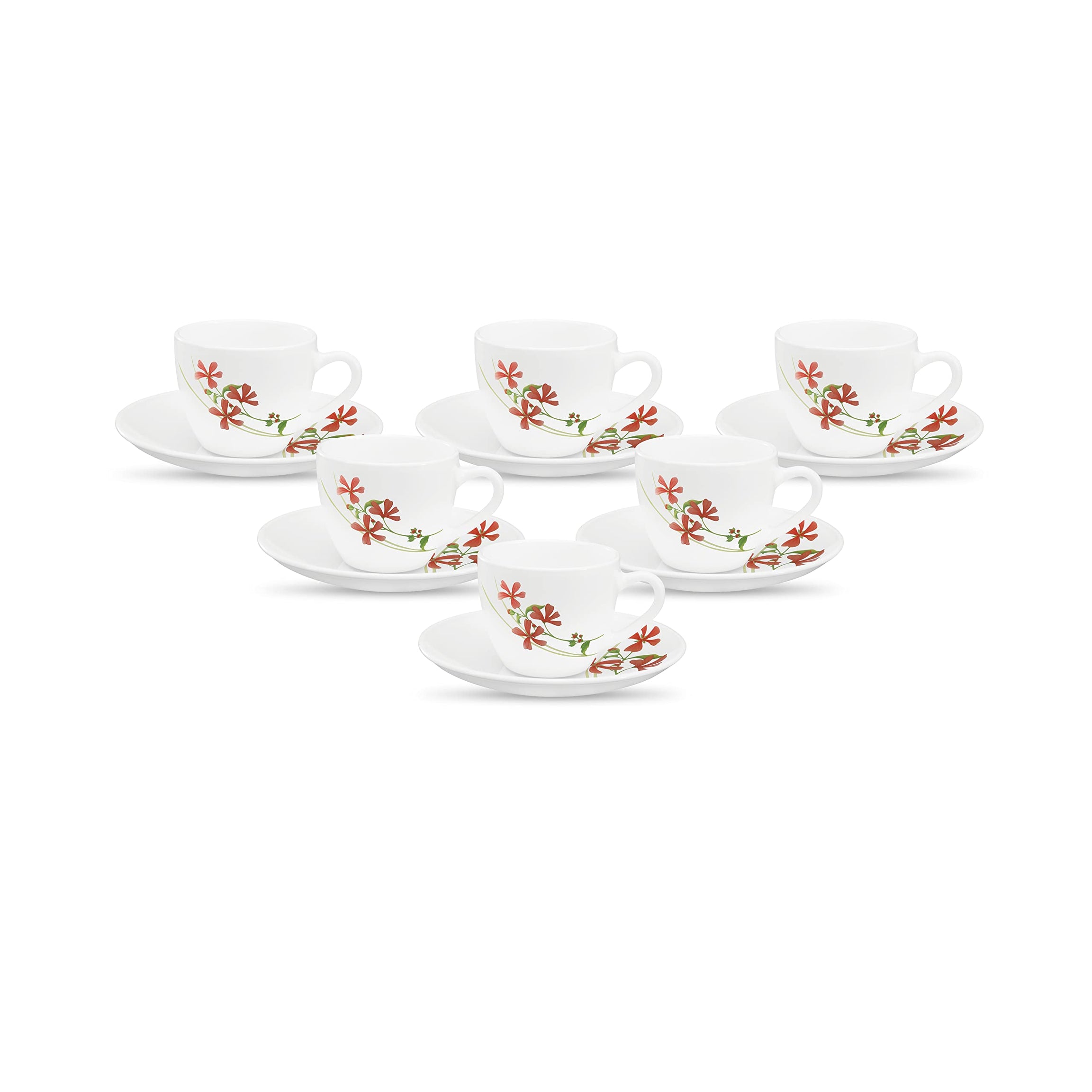 La Opala, Novo Collection Opal Glass Crockery | Cup & Saucer Lily, Set of 12 | Coral Charm, 150 ml | for Tea & Coffee | Microwave Safe | 100% Vegetarian | Extra Strong | Super Light | Super White