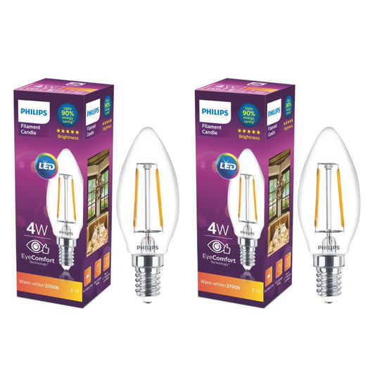 PHILIPS 4-watt Filament Candle LED Bulb | Filament Candle Bulb Home & Decoration|Bulb Base: E14, Color: Warm White|Pack of 2