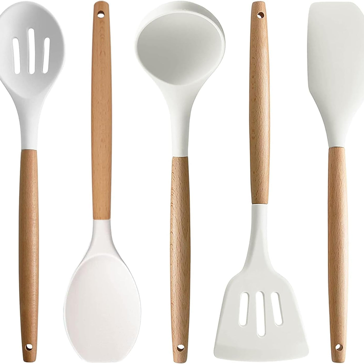 Silicone Spatula Set for Kitchen with Wooden Handle | Non-Stick Silicon Cooking Utensils Set | Spatula Cooking Tools | BPA Free | Kitchen Tools Set (Set of 5 Cream)