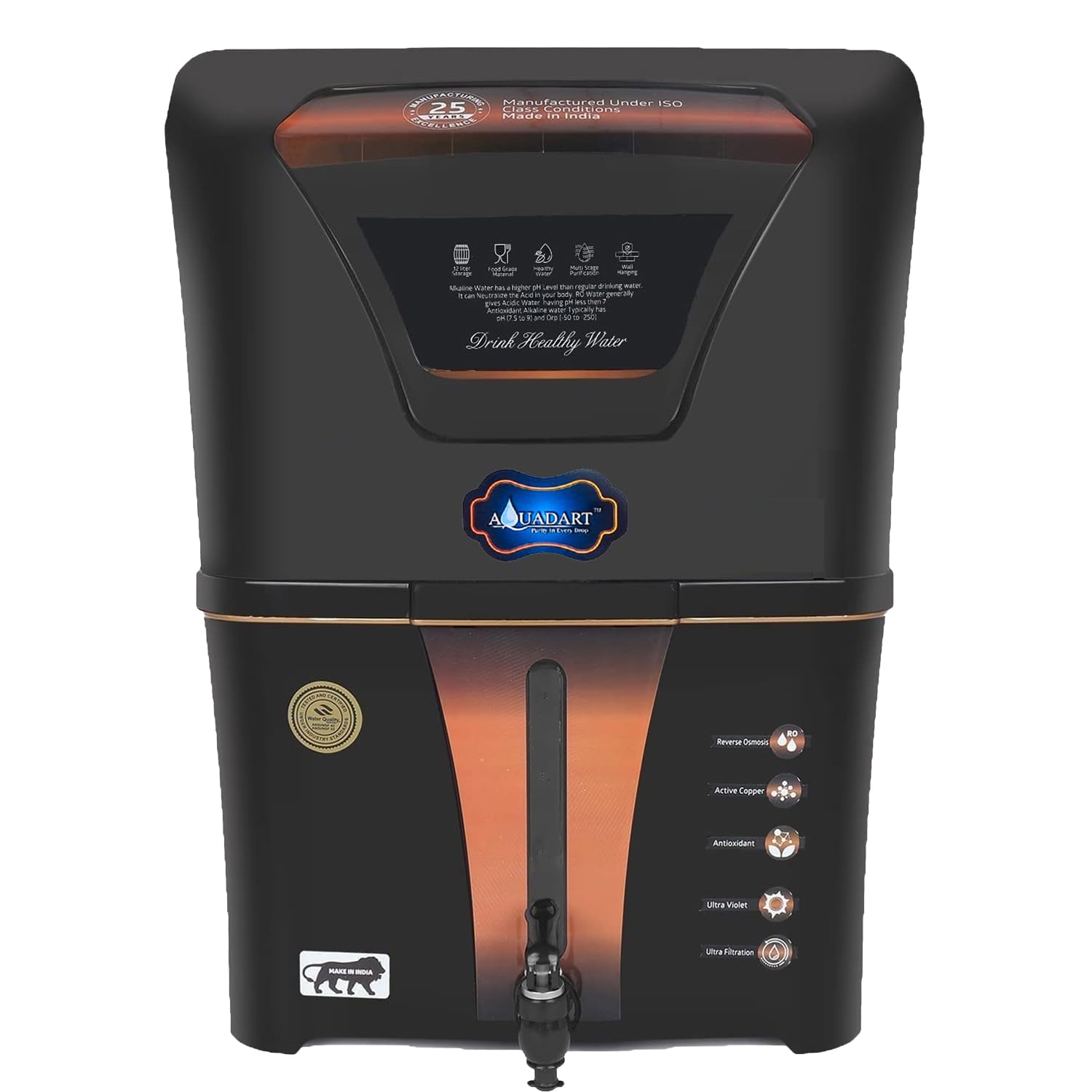 AquaDart Copper + Alkaline RO Water Purifier 12L RO+UV+UF Copper+Bio-Alkaline +TDS Control+UVPurified Water with Goodness of Copper and Alkaline Copper RO Water Purifier, Black