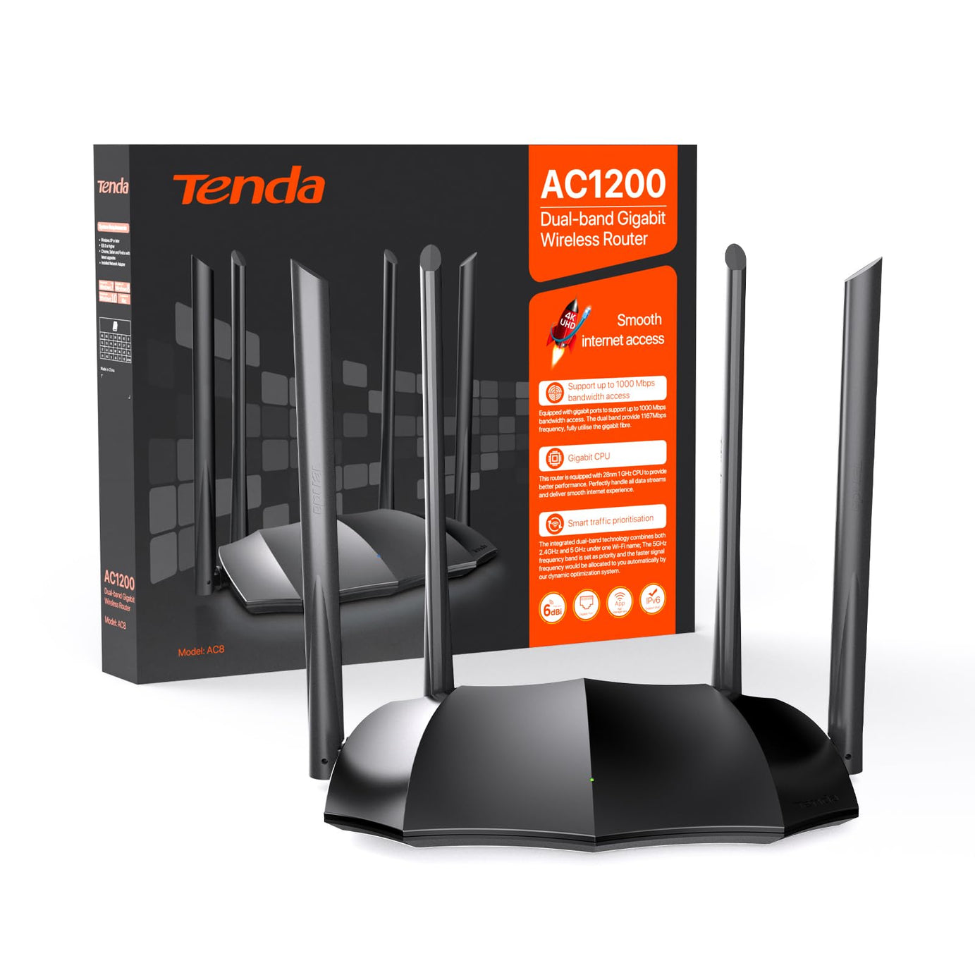 Tenda AC8 AC1200 Dual-Band MU-MIMO Wireless Gigabit Router, Wi-Fi Speed up to 867Mbps/5G + 300Mbps/2.4G, 4 Gigabit Ports, Parental Control, Guest Wi-Fi, IPV6 (Not a Modem, Black)