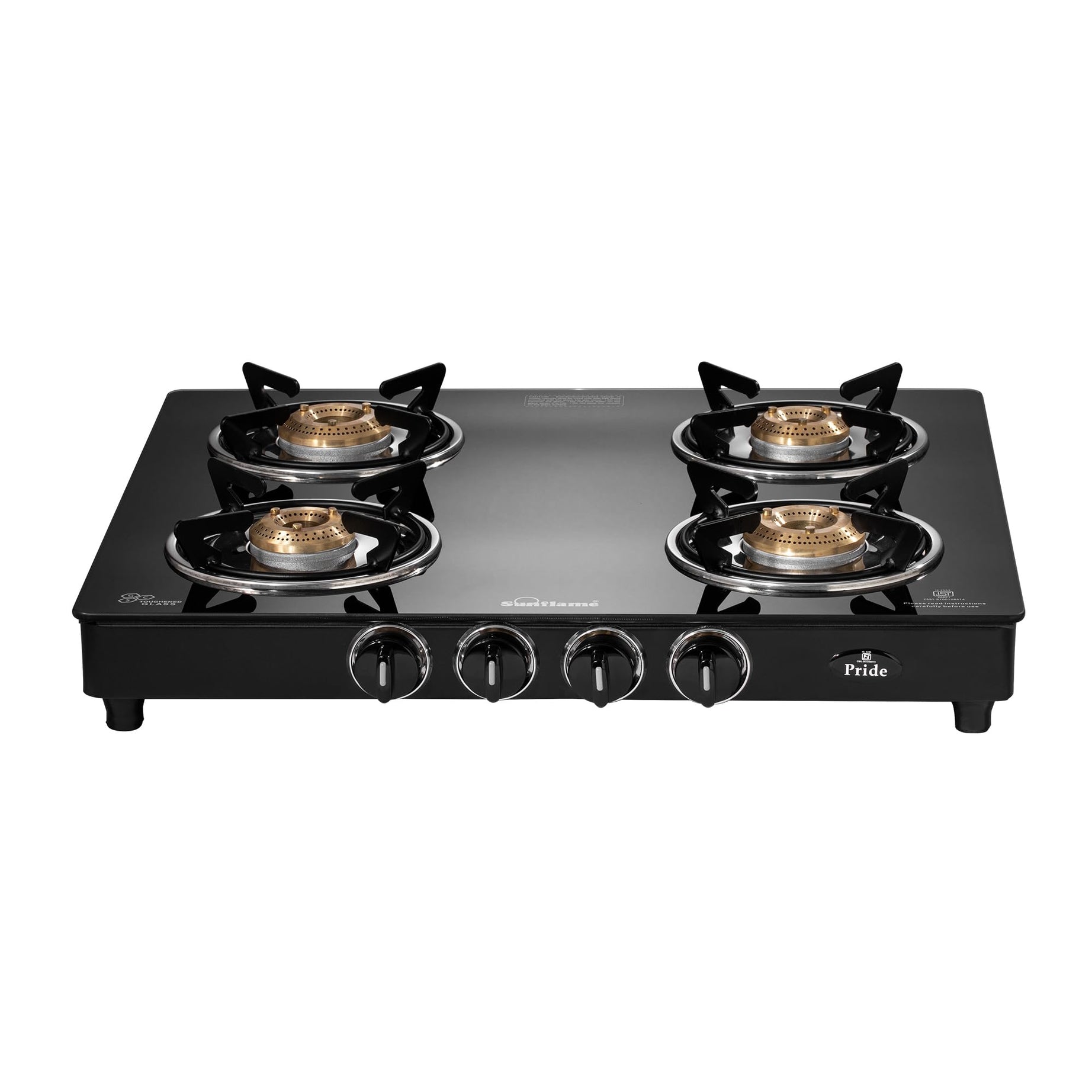 Sunflame Pride 4 Burner Gas Stove | 2-Years Product Coverage | 2 Medium and 2 Small Brass Burners | Ergonomic Knobs | Easy to Maintain | Toughened Glass Top | PAN India Presence | Black