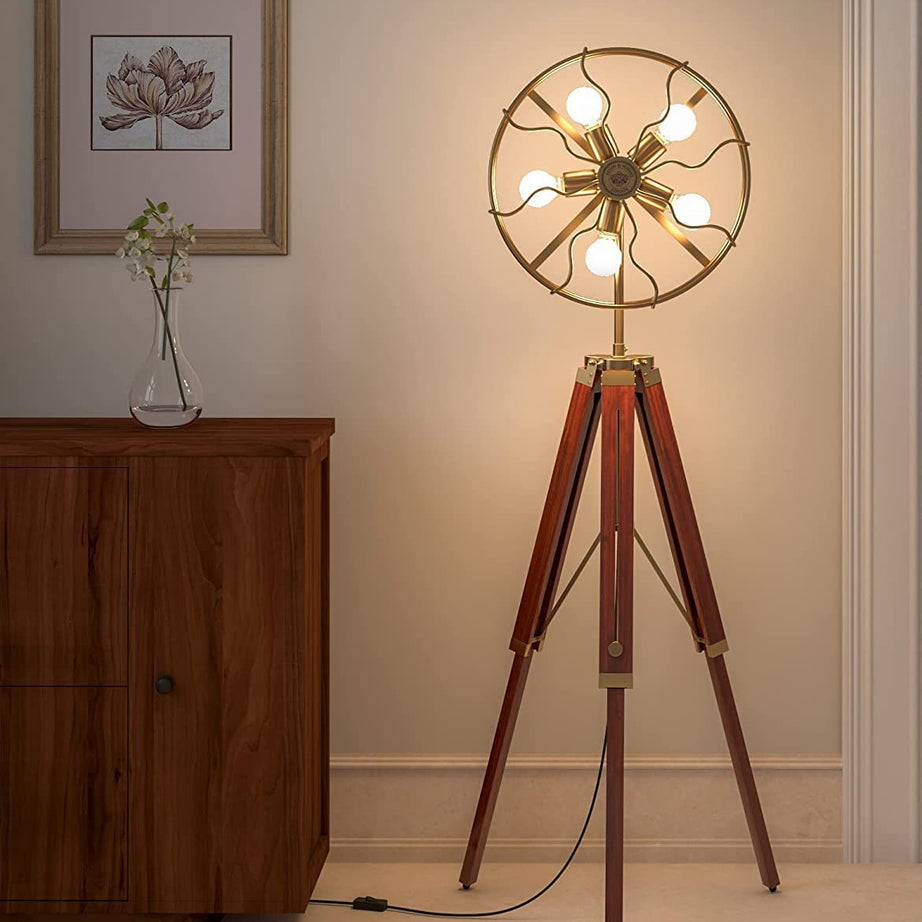 Nautical Gallery Wooden Brown and Brass Antique Gold 5ft Height Adjustable Tripod Floor Lamp Standing with Moveable Wheel Fan LightWooden Reading Lights for Kids, Bedroom, Living Room (Brown)