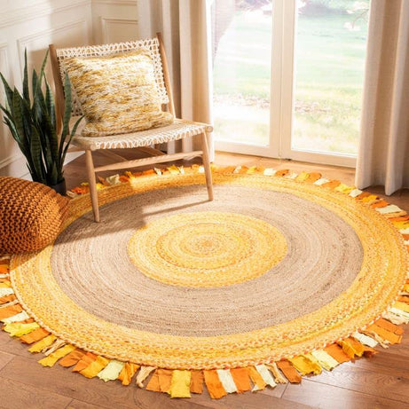 BUNAII Braided Natural Jute Cotton Yellow Chindi Round Doormat and Rugs, 90x90 Cm