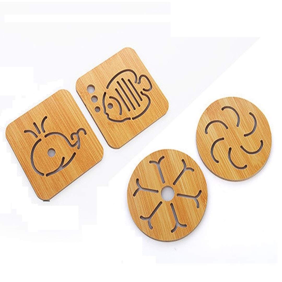 YANCI Wooden Bamboo Trivet Coaster, Wooden Heat Resistant Mat, Wooden Non-Slip Insulation Table Mat for Pots, Pans, Plates, Dishes,Teapots (Random Pattern) (Pack of 4)