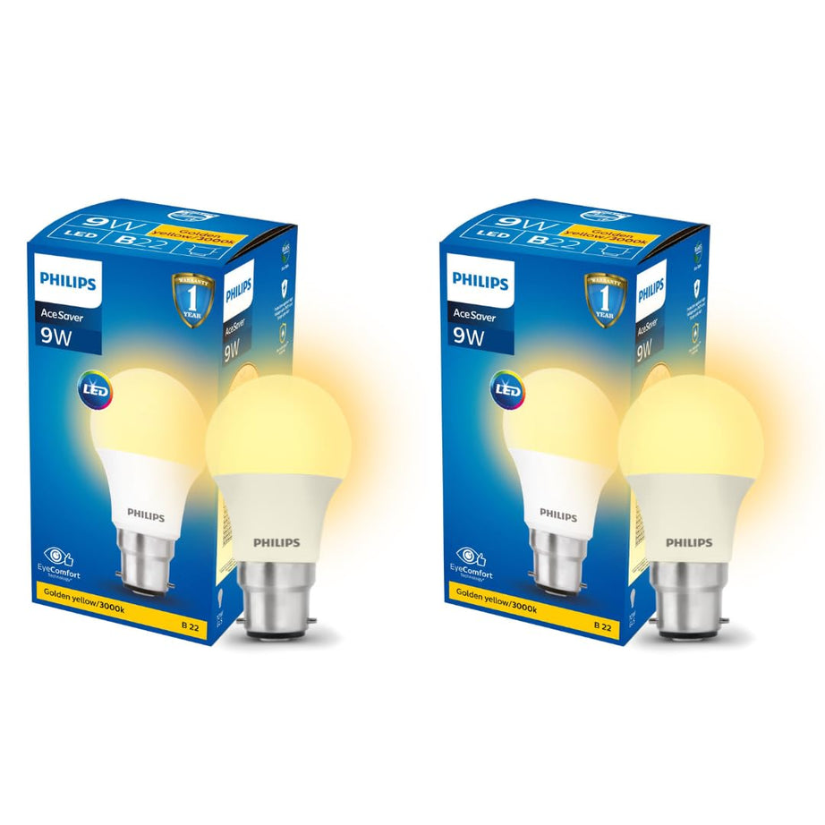 PHILIPS 9W B22 LED Warm White/Yellow Bulb, Pack of 2