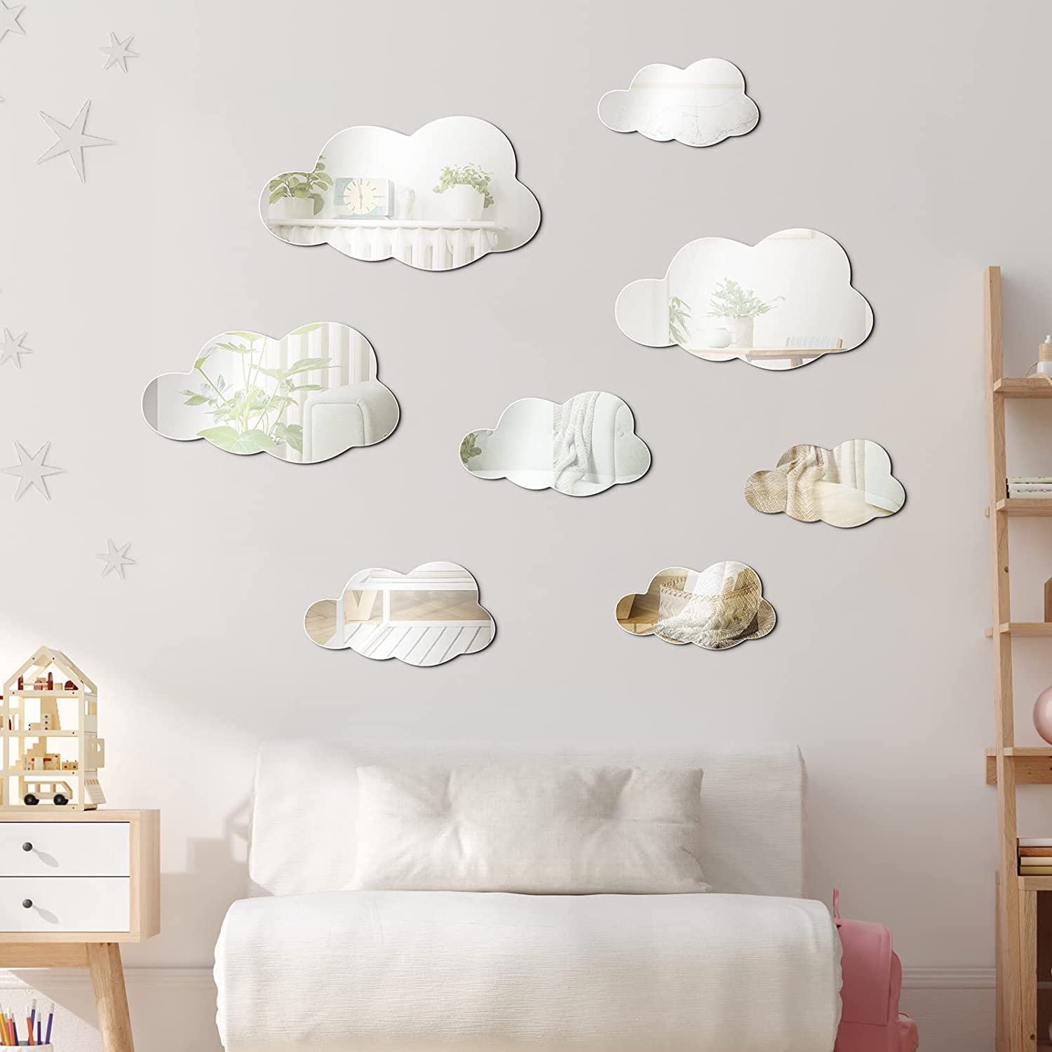 Incrizma 3D Acrylic Cloud Shape Mirror Wall Art Decor Removable Self Adhesive Decorative Cloud Mirror Stickers Decals for Kids Girls Bedroom Bathroom Playroom Living Room Nursery Decoration (Silver)