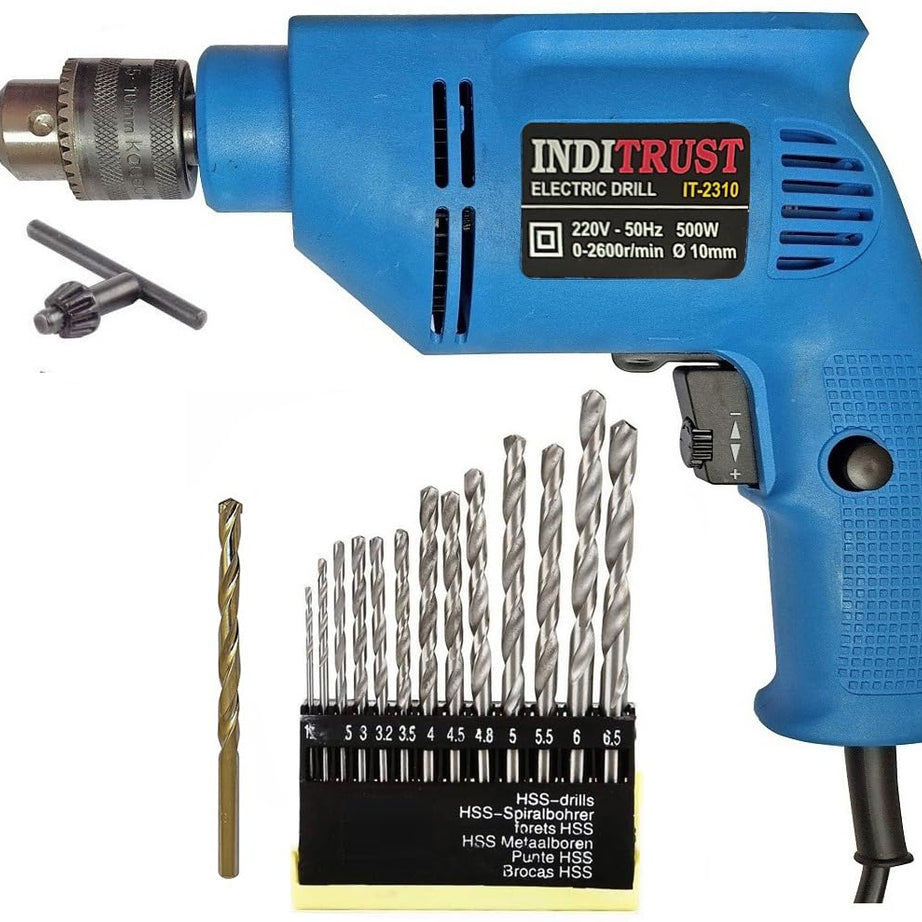 Inditrust New 6-Month Warranty 500w Electric Reversible 10mm drill machine With Variable Speed With 1pc Masonry 13pc Hss Bit (Pack of 3) Pistol Grip Drill