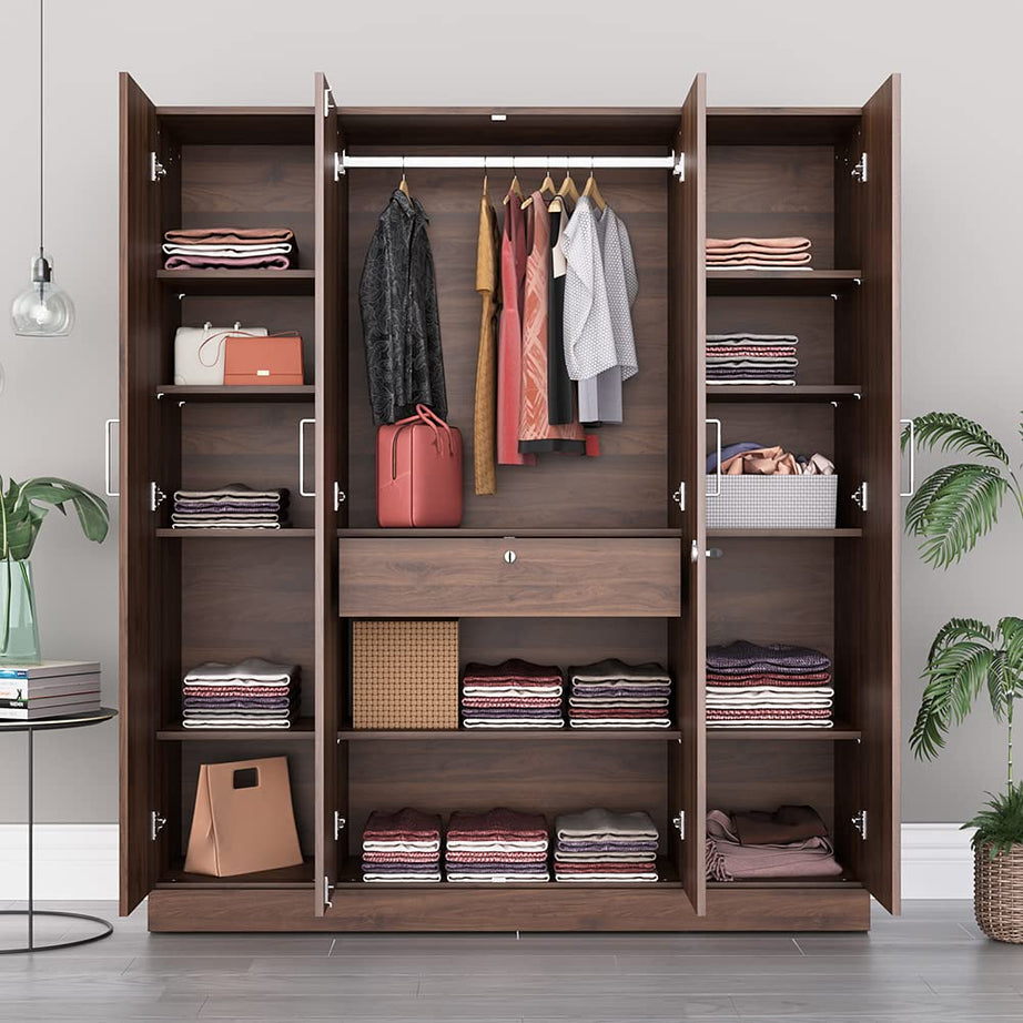 Wakefit Wardrobe | 1 Year Warranty | Cupboard, Wooden Almirah for Clothes, Wardrobe Wooden, Gingham 4 Door, Mirror, 1 Drawer & 1 Hanging Space, 18MM Panels, with Assembly (Columbian Walnut)