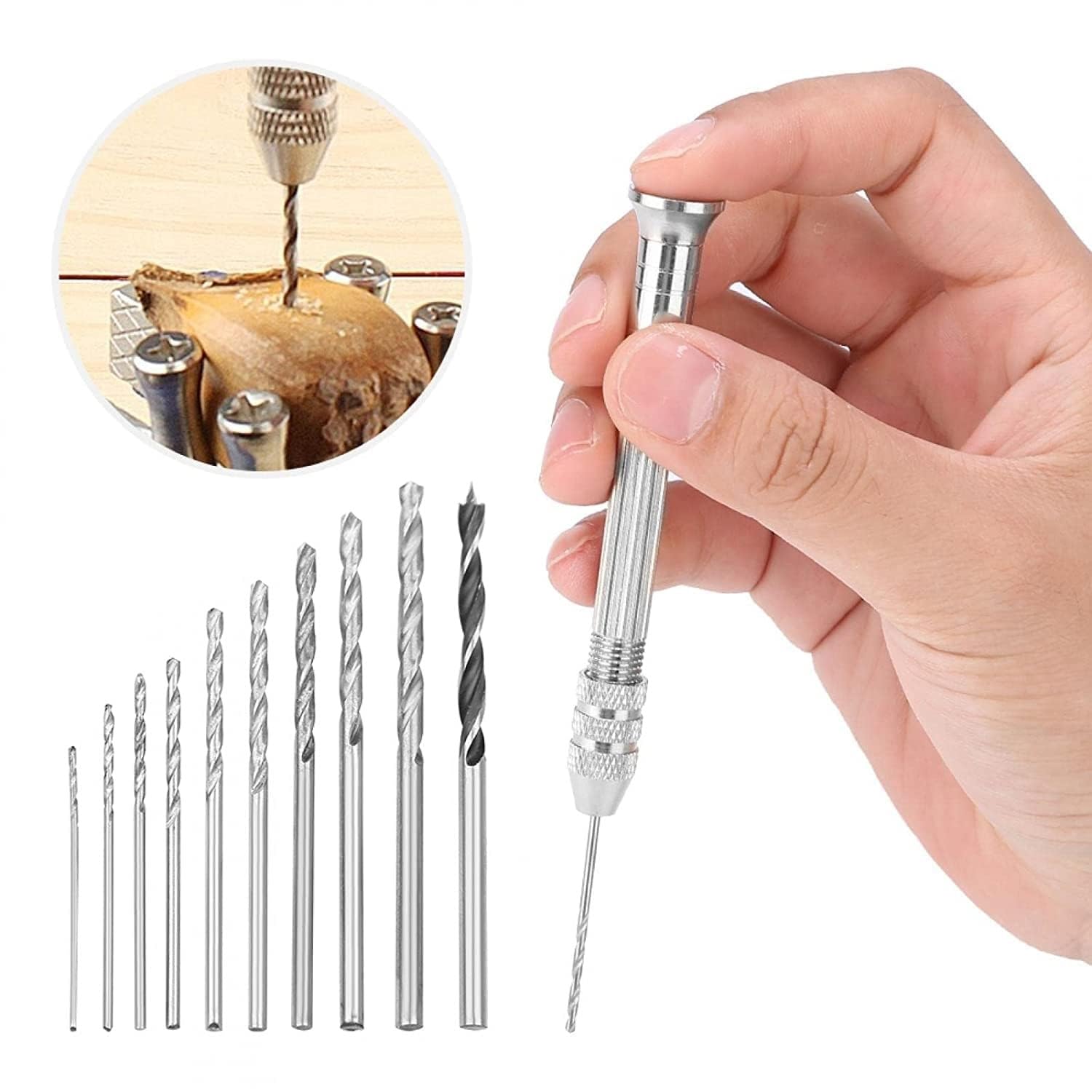 DEZIINE®11Pcs Set Hand Drill Set Manual Wood Drilling Tool Novelty Mini Pin Vise Hand Drill Bit Twist Drill Bit for Craft and Art Work