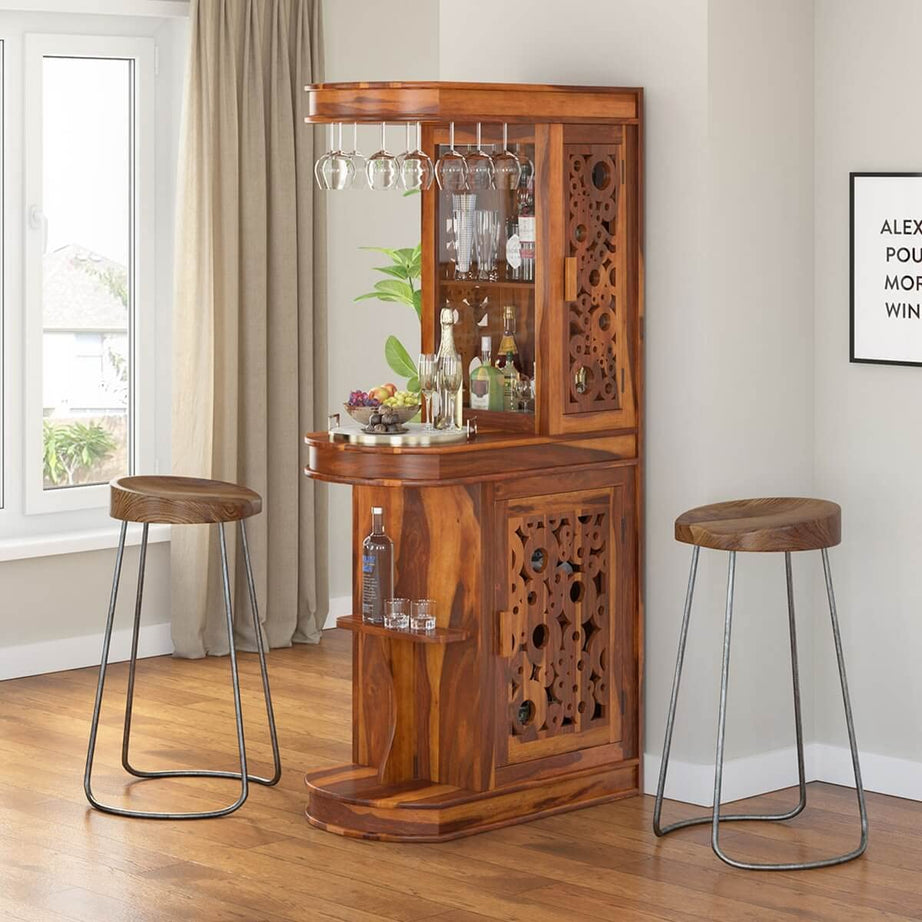 Reliable Furniture Wooden Unique Style Long Bar Cabinet for Home | Solid Wood Round Tall Bar Shelf with Wine Storage Rack with 4 Door Cabinet & Glass Holder | Sheesham, Natural Honey