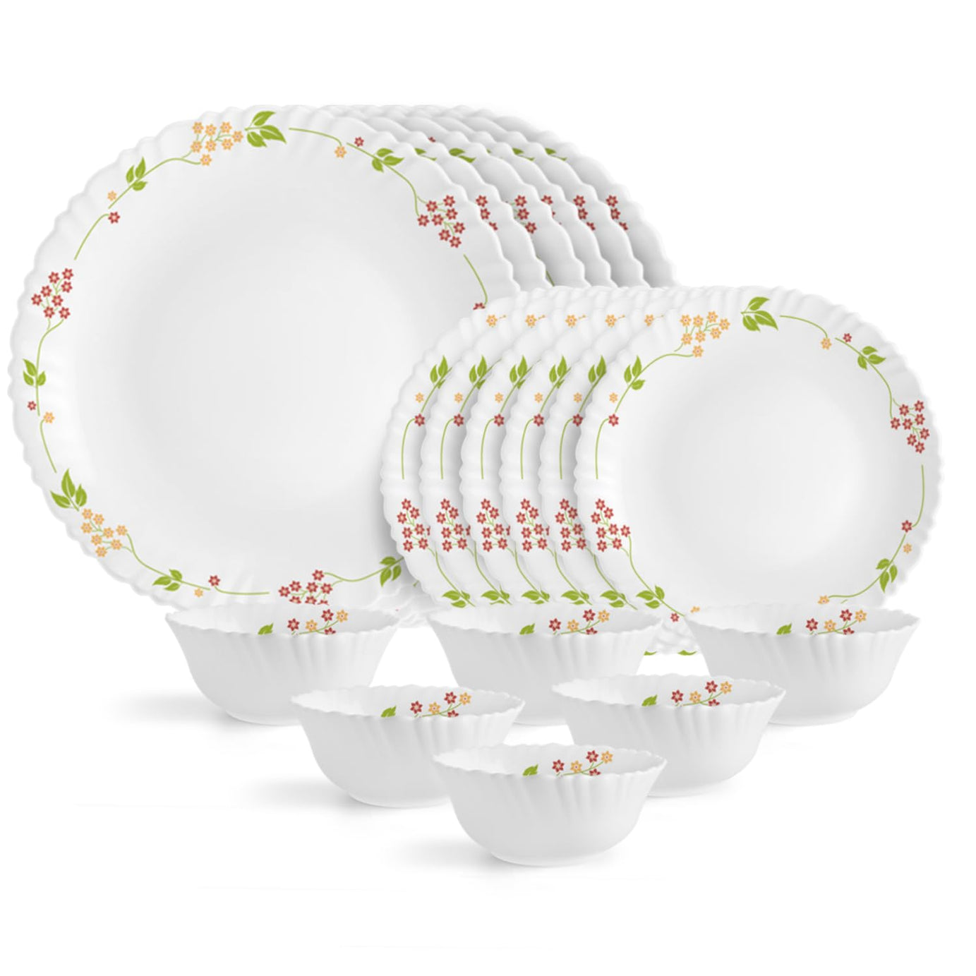 Cello Opalware Dazzle Series Secret Garden Dinner Set, 18 Units | Opal Glass Dinner Set for 6 | Light-Weight, Daily Use Crockery Set for Dining | White Plate and Bowl Set